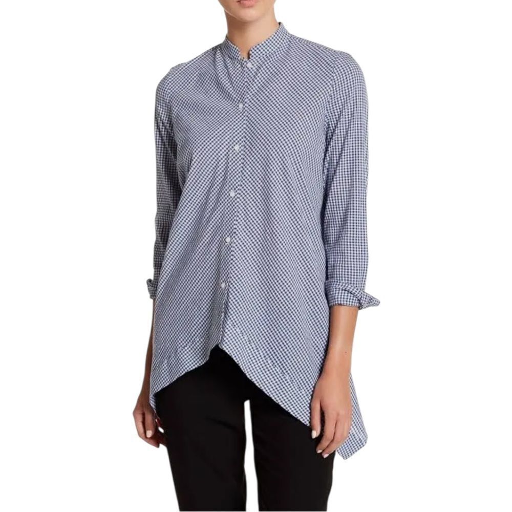 Anne Klein Gingham Button Down Sharkbite Tunic Blouse Navy White Size 0X